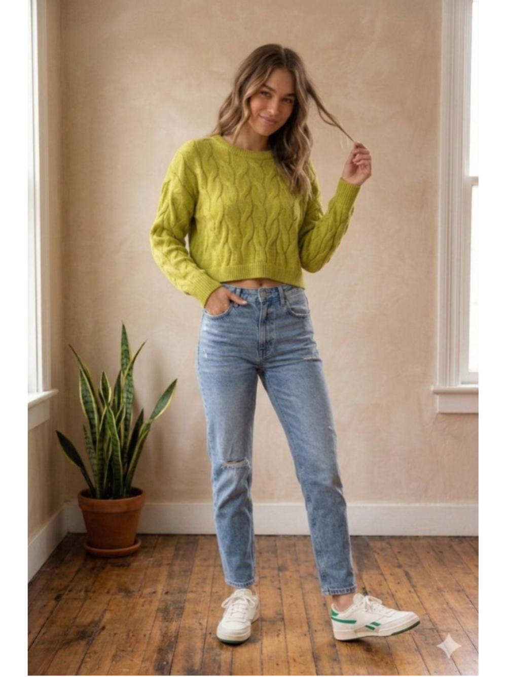 Women's PINK ROSE Lime Green Cable Knit Crew Neck Sweater M
